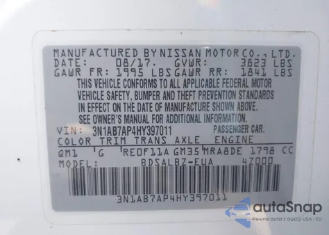 2017 Nissan Sentra S z USA, uszkodzony, nr VIN 3N1AB7AP4HY397011